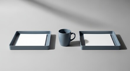 Minimalist arrangement of two gray trays and a gray mug on a light gray surface with soft shadows.