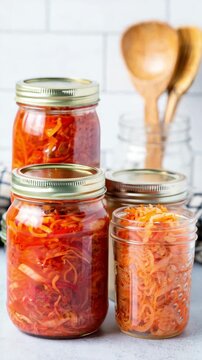 Jars of homemade fermenting vegetables on a kitchen countertop, lacto-fermentation process in glass containers, healthy probiotic food preparation, rustic home cooking tradition