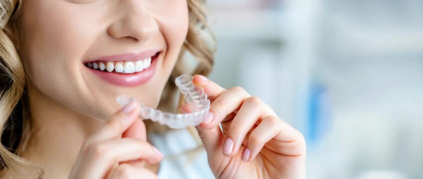 Close up of smiling woman with clear dental aligner teeth straightening banner night bruxism protection highlighting modern orthodontic correction comfortable fit invisible treatment oral health care