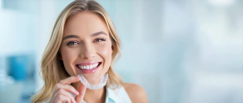 Wide banner with smiling woman holding transparent night dental splint, modern preventive bruxism solution concept, healthy bite protection, contemporary oral care lifestyle header with copy space