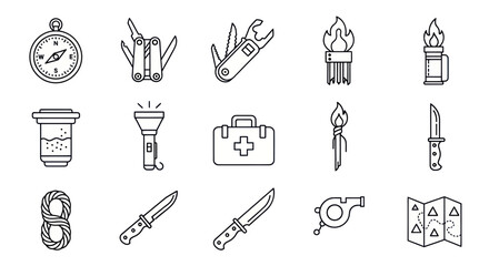 Obraz premium Survival Gear Icons: Compass, Knife, First Aid, Torch, Map, Rope, Whistle