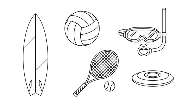 Summer Sports Gear Icons: Surfboard, Volleyball, Tennis, Snorkel, Frisbee
