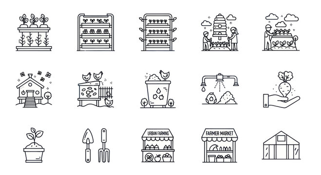 Sustainable Farming Icons: Vertical Gardens, Bees, Farmer's Market, Greenhouse