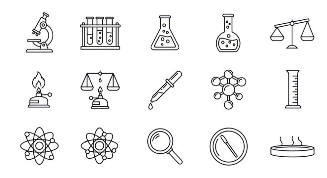 Science Icons Collection: Microscope, Flasks, Scales, Pipette, Atom