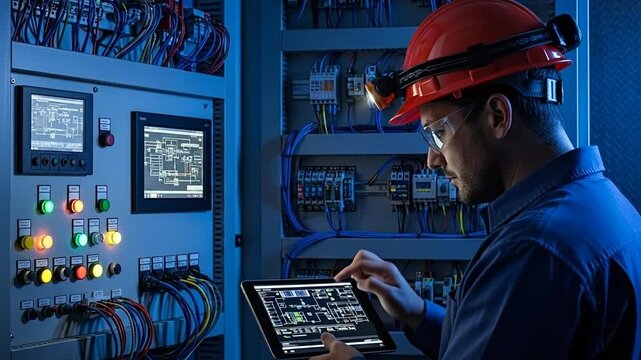 Precision in the Industrial Realm: A focused technician diligently monitors intricate machinery controls, using technology to enhance and optimize the industrial environment.