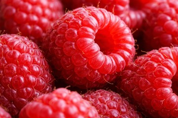 Close-up macro photograph of ripe red raspberries showcasing detailed drupelet texture, tiny hairs, vibrant color and natural freshness, evoking juicy summer fruit and snacking.
