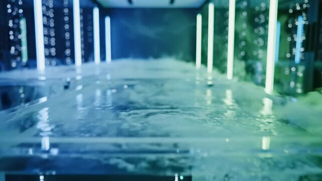 Data center with submerged server racks in clear tanks filled with water, illuminated by blue and green LED lights, showcasing innovative cooling technology in a modern environment