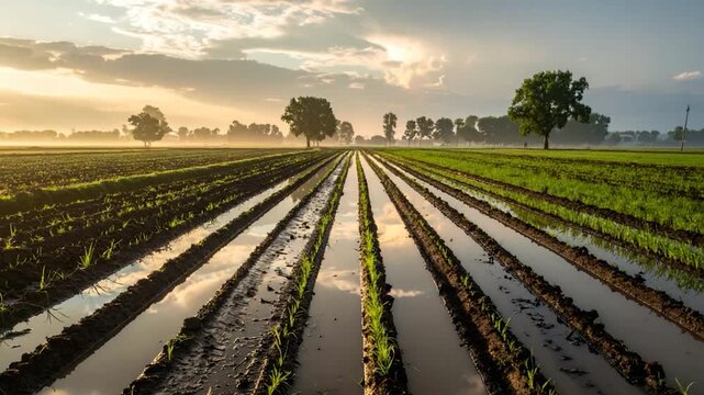 A flooded field in early morning light, lined with small growing plants