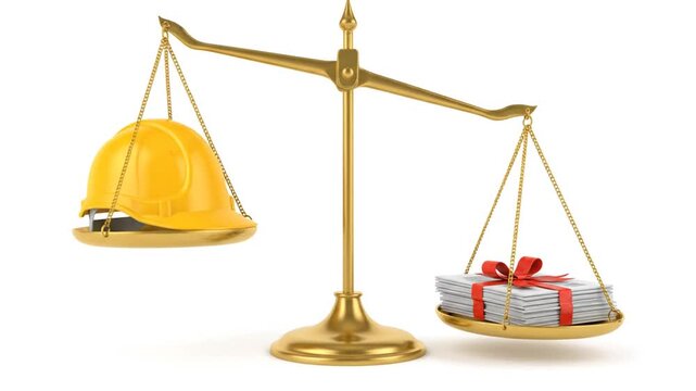 A golden scale balances a hard hat against a gift on a transparent background from a front viewpoint