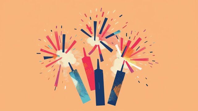 Colorful fireworks animation exploding vibrantly against orange background