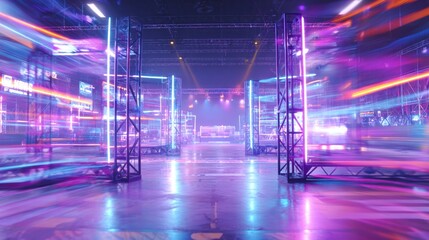 Drone racing arena with motion trails and illuminated gates on right, blurred highspeed track to left conveying velocity and energy neon reflections, dynamic light streaks and competitive atmosphere
