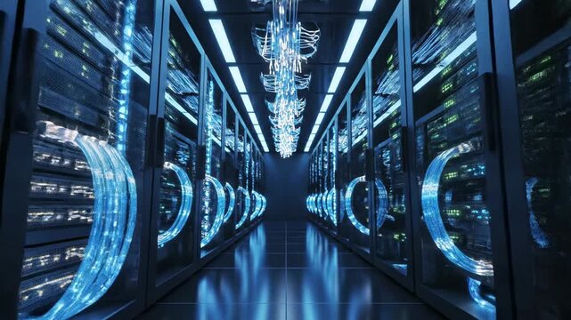 Futuristic data center corridor with illuminated server racks and glowing cables, showcasing advanced technology in a high-tech environment