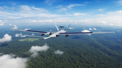 A Solar-Powered Drone Gliding Over Lush Green Forests Under a Vast Blue Sky with Fluffy White Clouds in the Background