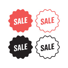 Bold sale badges in red black and white with starburst design for retail advertising
