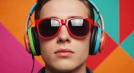 Naklejka premium A vibrant, high-contrast portrait of a young man wearing red sunglasses and colorful, multi-toned headphones against a bold geometric background.