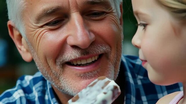 A joyful moment as an older man playfully feeds a frozen treat to a young girl, both smiling warmly in natural light