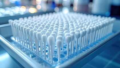 Obraz premium FlyPro Firefly Alcohol Swabs, meticulously packaged individually and arranged in a clean grid pattern on a sterile tray, captured with photorealistic DSLR precision.