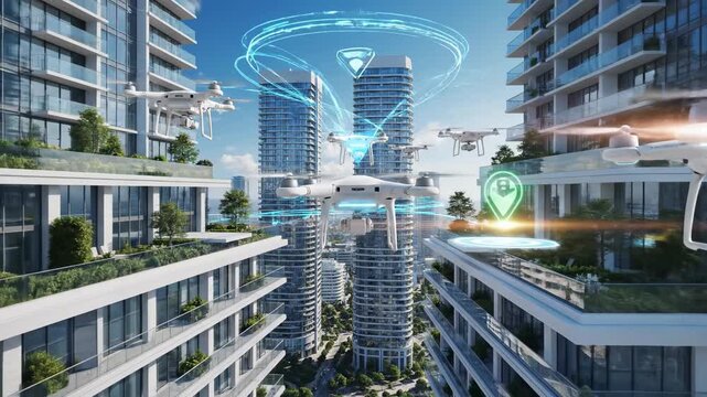 Drones flying between modern high-rise buildings in a smart city, showcasing advanced delivery technology with digital graphics and urban greenery in the background