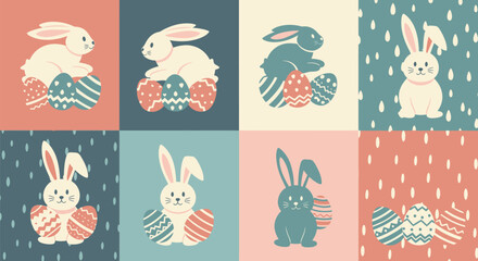 Adorable collection of eight illustrated Easter bunny rabbit characters playfully posing with colorful patterned eggs across a vintage color block background design