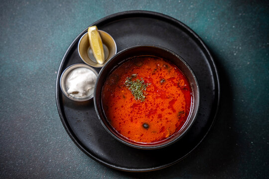 Top View Traditional Solyanka Soup With Lemon
