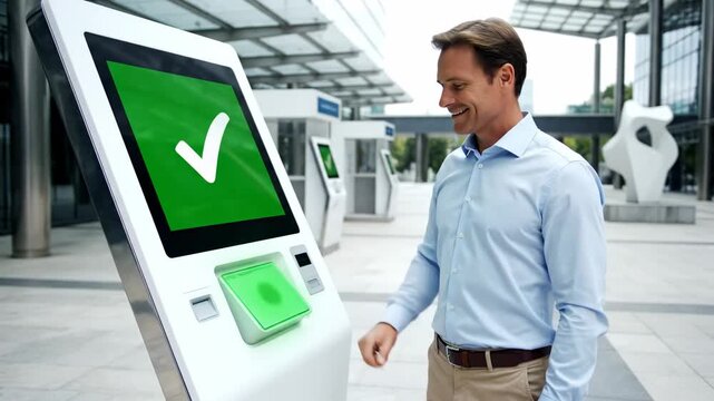 Male user interacts with digital kiosk, selecting options on touchscreen, confirming action with a button, and smiling in a modern outdoor setting