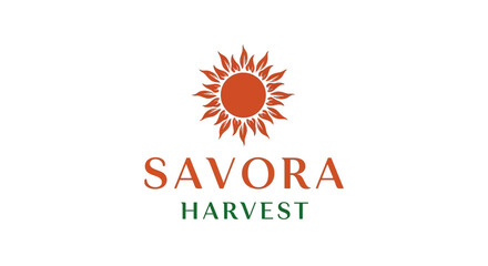 Obraz premium Savora Harvest Logo with Stylized Sun and Wheat Symbol for Agriculture and Food on Isolated White Background