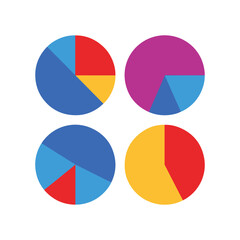 Colorful pie charts with vibrant blue red yellow and purple segments arranged in a grid layout for data visualization