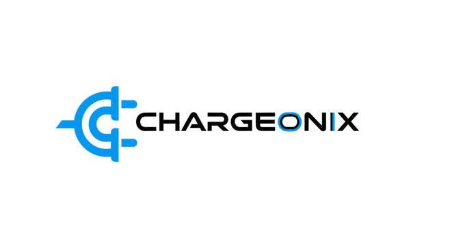 Modern Blue Electric Plug Charger Icon Logo for CHARGEONIX on an isolated white background, representing power and energy technology