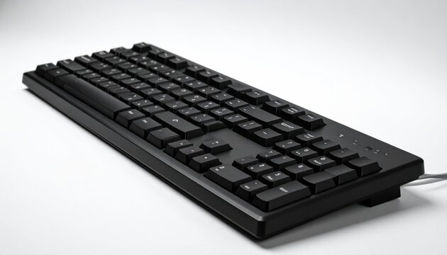 Black computer keyboard on white background, angled view.