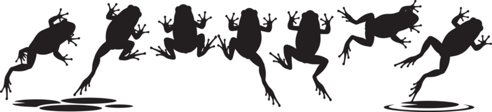 Dynamic series of five black frog silhouettes jumping across a white backdrop, side view graphic illustration