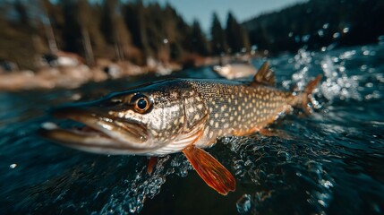 Fototapeta premium Northern Pike Fish Swimming in Clear Blue Lake Water with Forest Background Capturing the Beauty of Wildlife and Nature