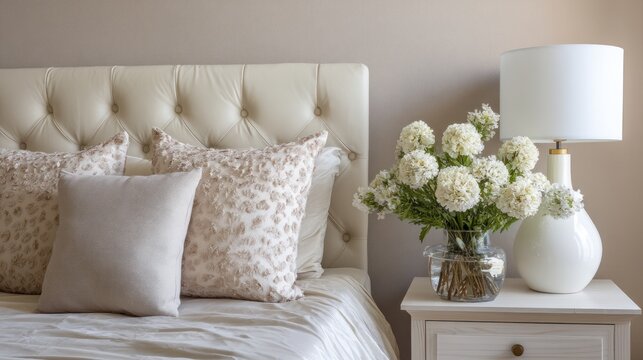 A serene bedroom scene with a white headboard, a white lamp with a white shade, and a white nightstand with a vase of white hydrangeas. 