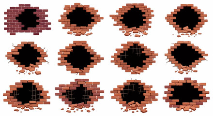 Collection of 12 different damaged brick wall holes with scattered debris, ideal for game assets or graphic design.