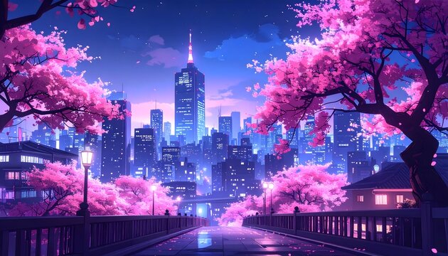 Ciudad futurista iluminada por la noche con cerezos en flor rosa y reflejos en el agua estilo ilustraci&oacute;n digital
