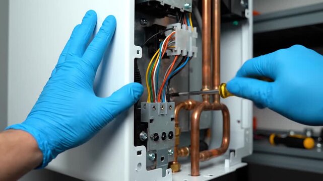 Hands fix boiler wiring.