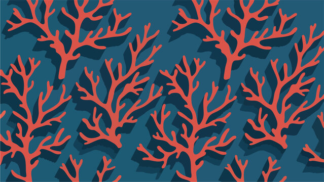 Seamless Pattern of Stylized Red Coral Branches on Deep Blue Background