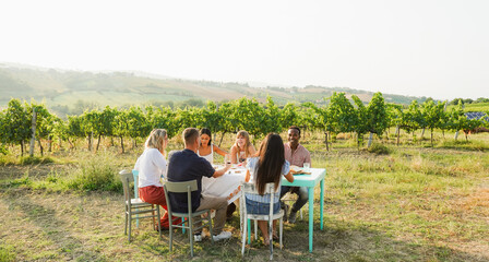Happy friends having fun drinking red wine and eating together with vineyard in background - Multiracial people doing party at summer time in countryside resort - Main focus on blond woman face