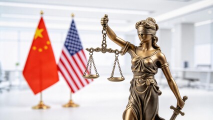 Fototapeta premium Lady justice statue with China and United States flags in courtroom background,international law and trade dispute concept for global political relations