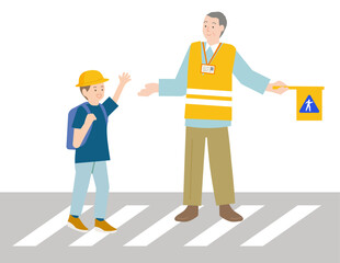 通学路で子どもを見守るシニア男性と小学生の男の子のイラスト
