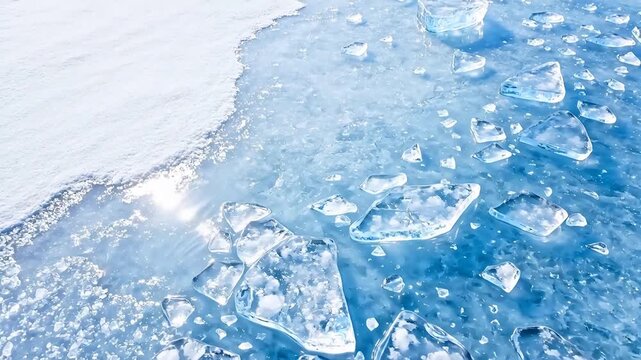 Ice chunks on frozen water surface