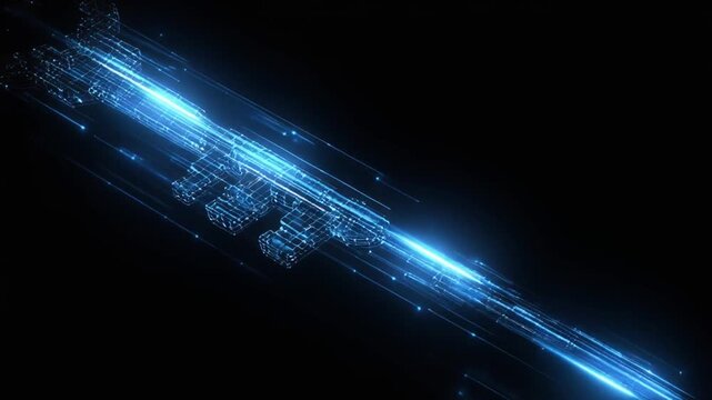A digital rendering of a key shape outlined with blue lines, against a black background