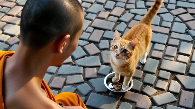 A serene moment of a monk in an orange robe observing an orange cat eating from a bowl on patterned stones