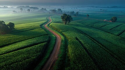 A serene landscape featuring lush green fields, a winding dirt road, and trees under a misty sky, evoking tranquility and natural beauty.