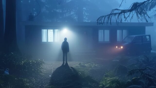Mysterious solitary figure bathed in bright light confronts isolated dwelling in thick, cold, nocturnal forest environment