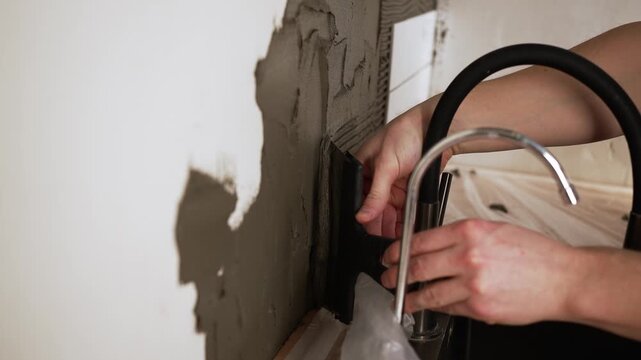 Skilled worker's hands using a notched trowel to evenly spread mortar on a kitchen wall, meticulously preparing the surface for ceramic tile installation during a home improvement project