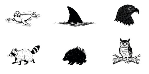 Black and white illustrations of six different animal silhouettes