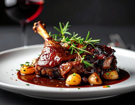 Coq au vin plated elegantly with rich sauce glaze, dark cinematic background, dramatic lighting, high resolution