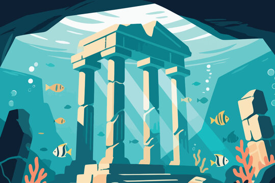 Ancient underwater temple ruins with tall columns and coral reef, fish swimming around, vibrant ocean illustration evoking history, archaeology, and marine exploration.