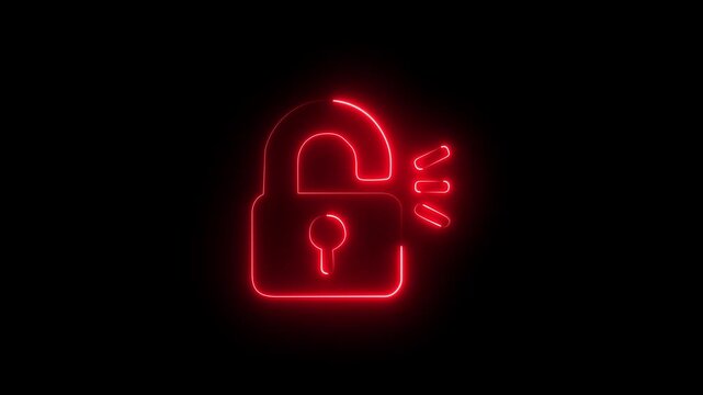 Red Neon broken padlock cyber security breach concept 4k video on black background.
