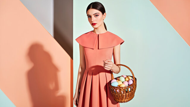 Young Beautiful Model Holds Wicker Basket with Colored  Eggs, Geometric Panels Studio Background